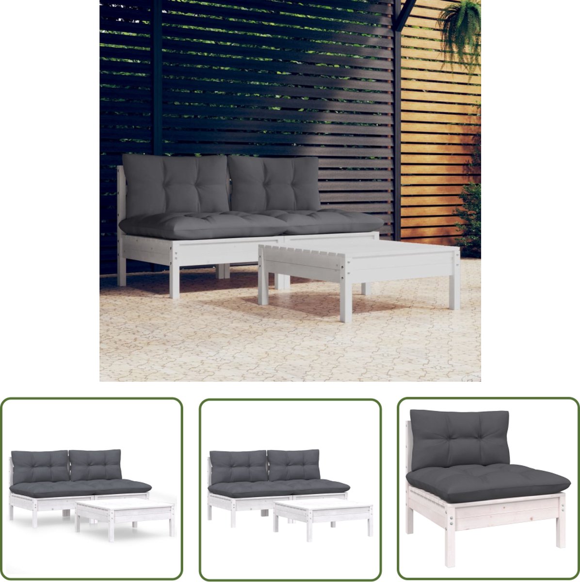 Houten loungeset met antracietkleurige kussens voor tuin of balkon.