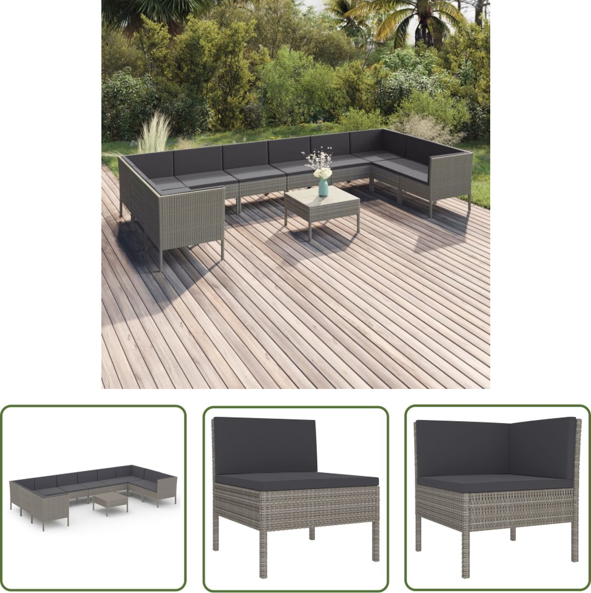 The Living Store 11-delige Loungeset met kussens poly rattan grijs - Loungestoel - Tuinset - Loungeset - Tuinmeubels - Pe Rattan