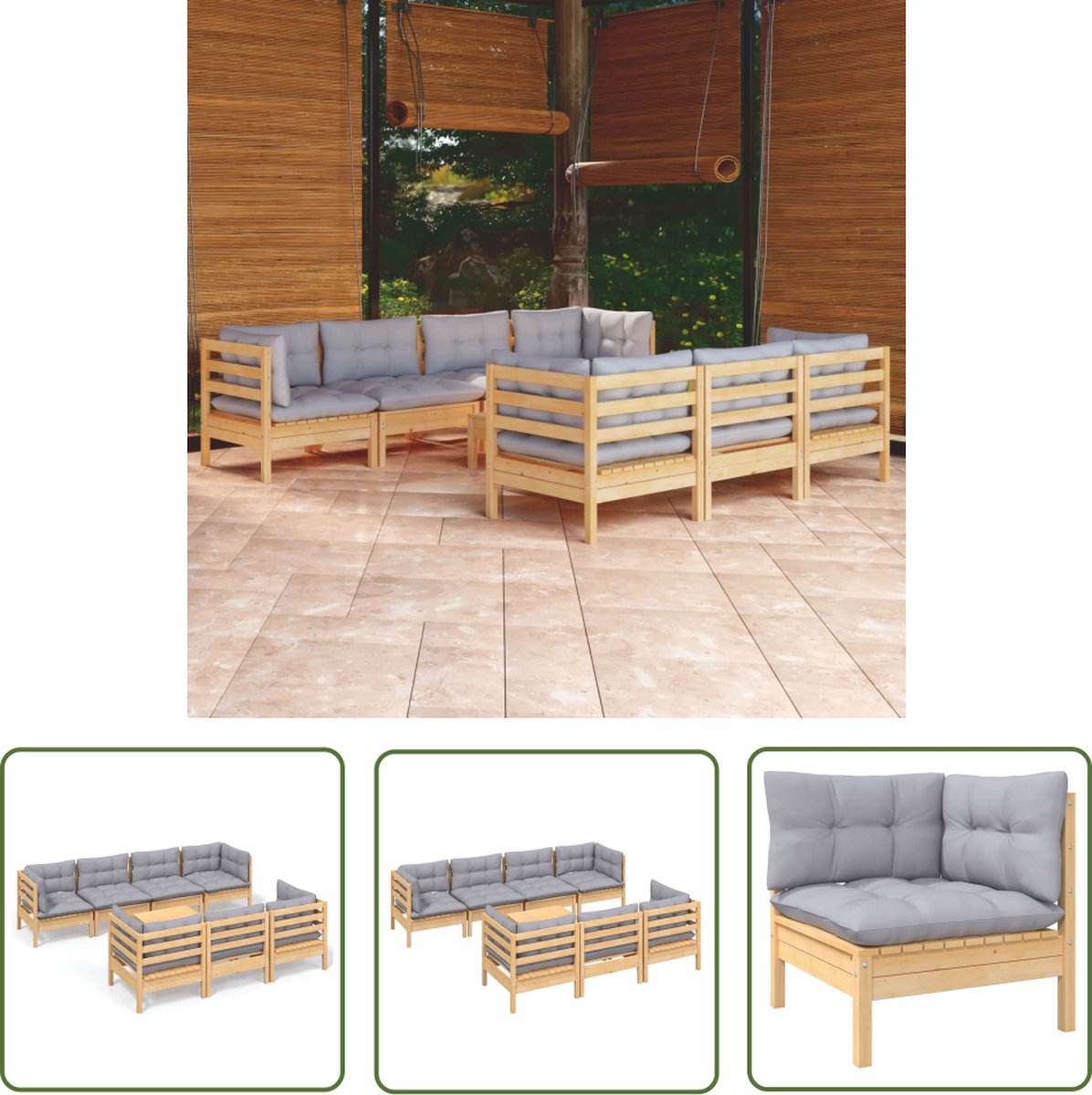 Loungeset van massief grenenhout met grijze kussens voor tuinmeubel met loungestoelen.