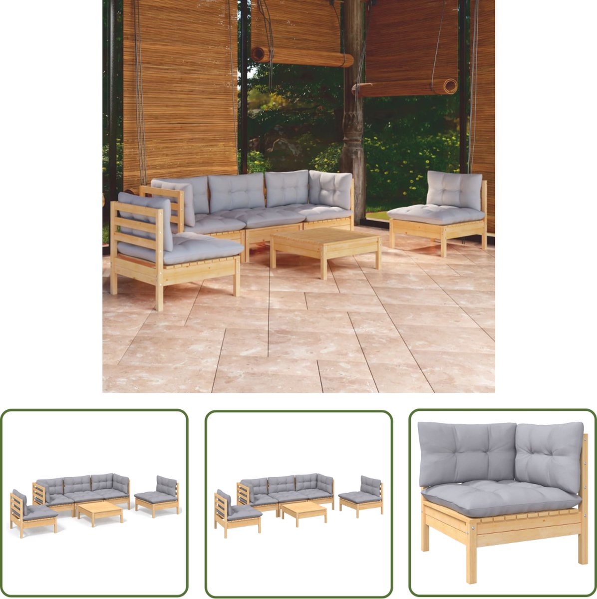 Massief grenenhouten loungeset met grijze kussens voor tuin of balkon.