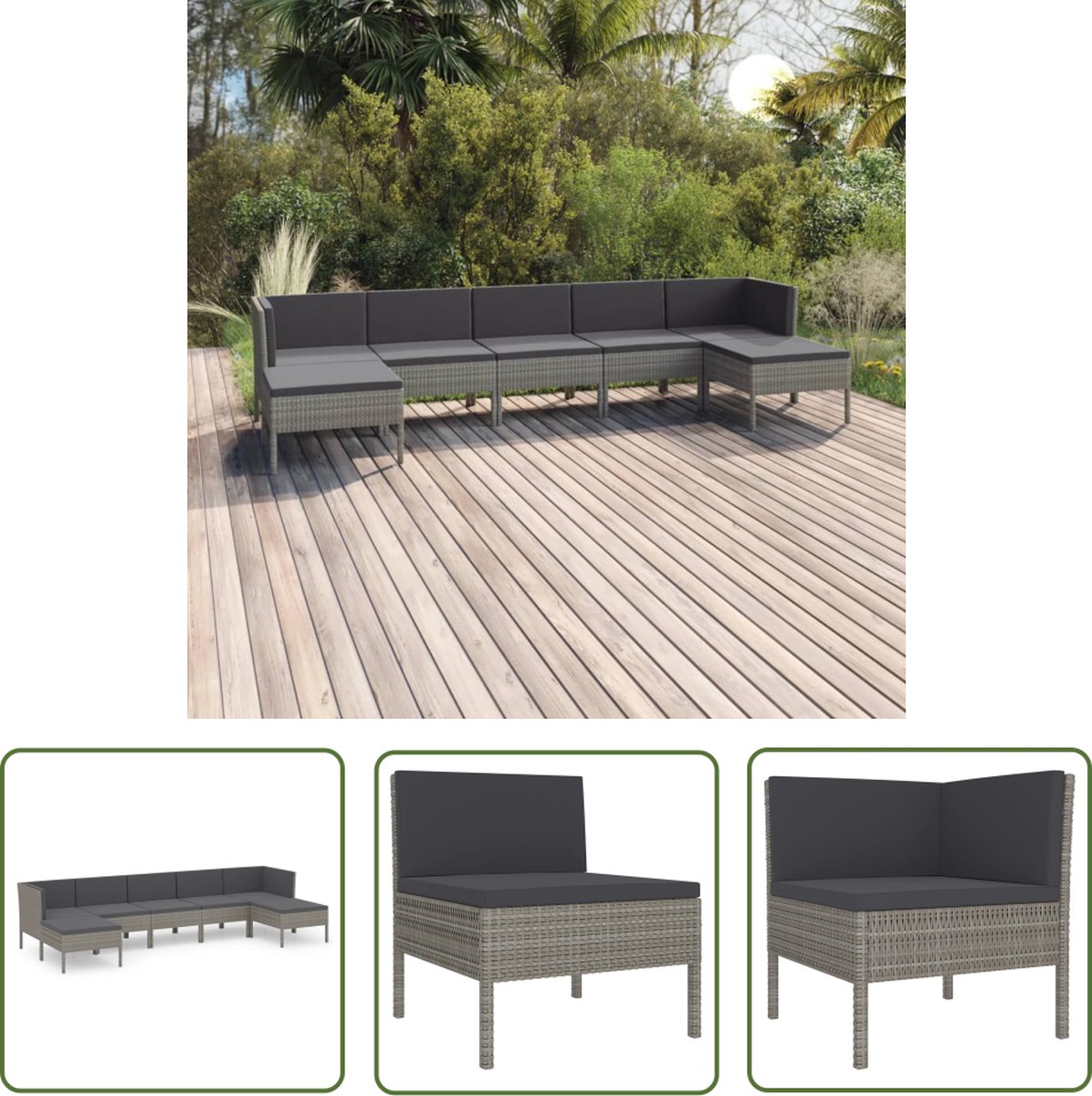 The Living Store 7-delige Loungeset met kussens poly rattan grijs - Loungestoel - Tuinset - Loungegroep - Buitendining - Outdoor Living