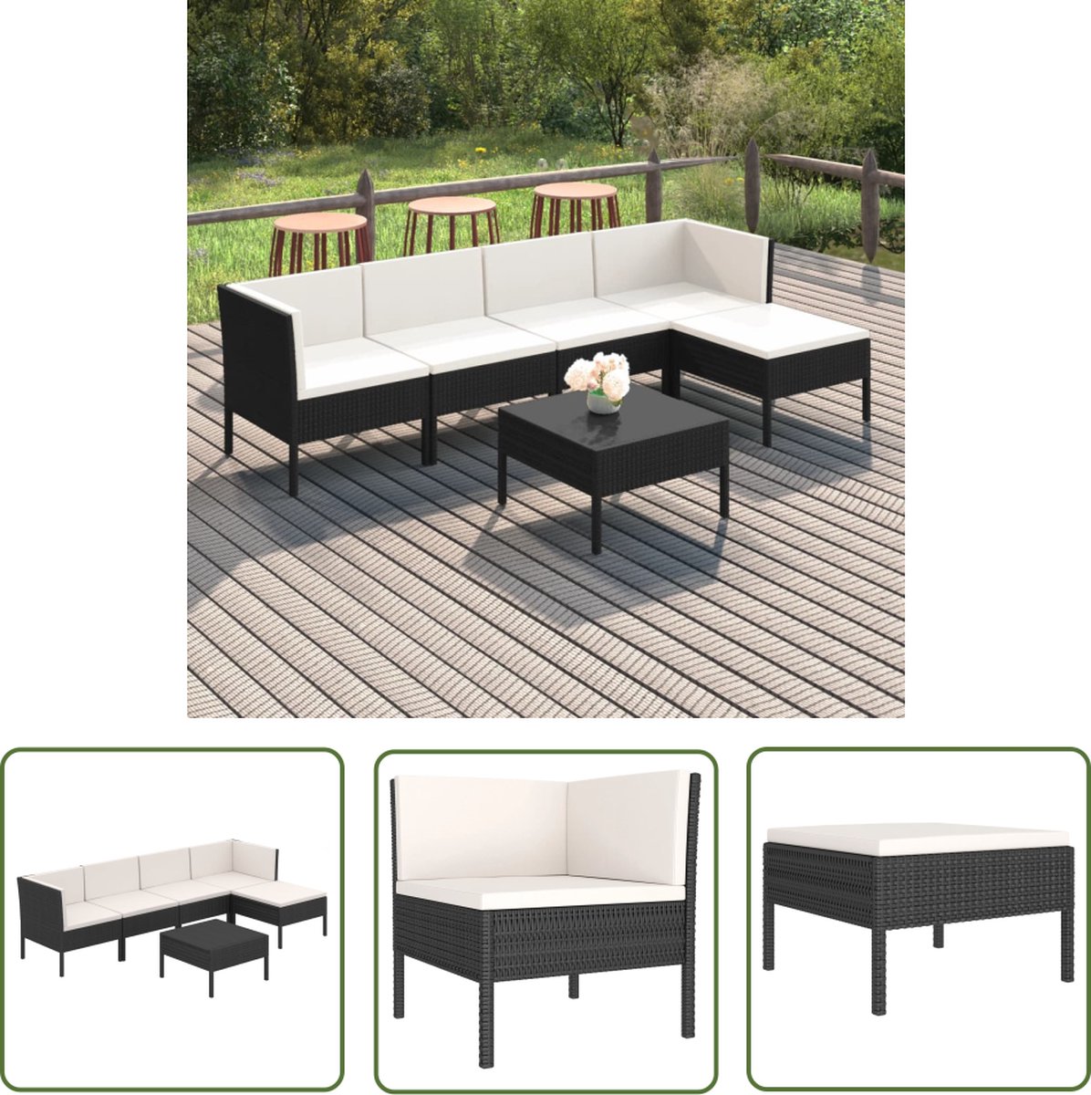 Zwarte poly rattan loungeset met kussens voor tuin- en buitenmeubilair.