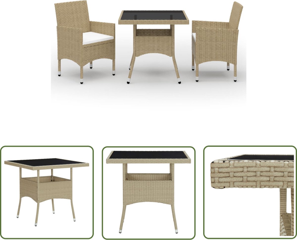 The Living Store 3-delige Tuinset poly rattan en glas beige - Eetkamerset - Tuinset - Tuinbank - Lounge Set - Buitenspeelgoed