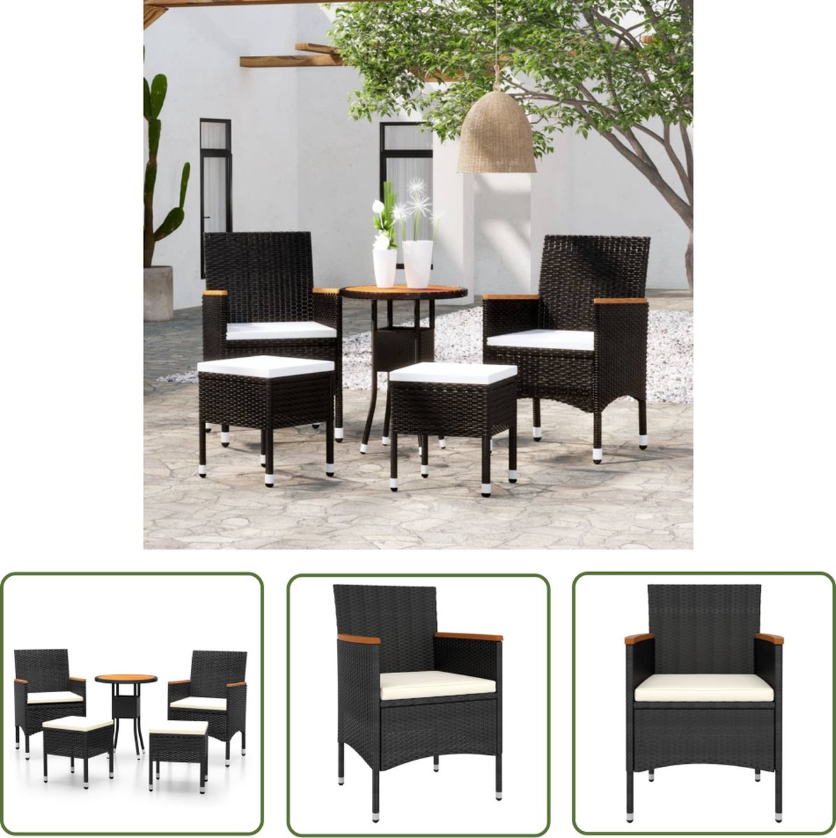 The Living Store 5-delige Loungeset poly rattan zwart - Loungeset - Tuinset - Tuinmeubel - Acacia Houten Tafel - Zwarte Lounge Set