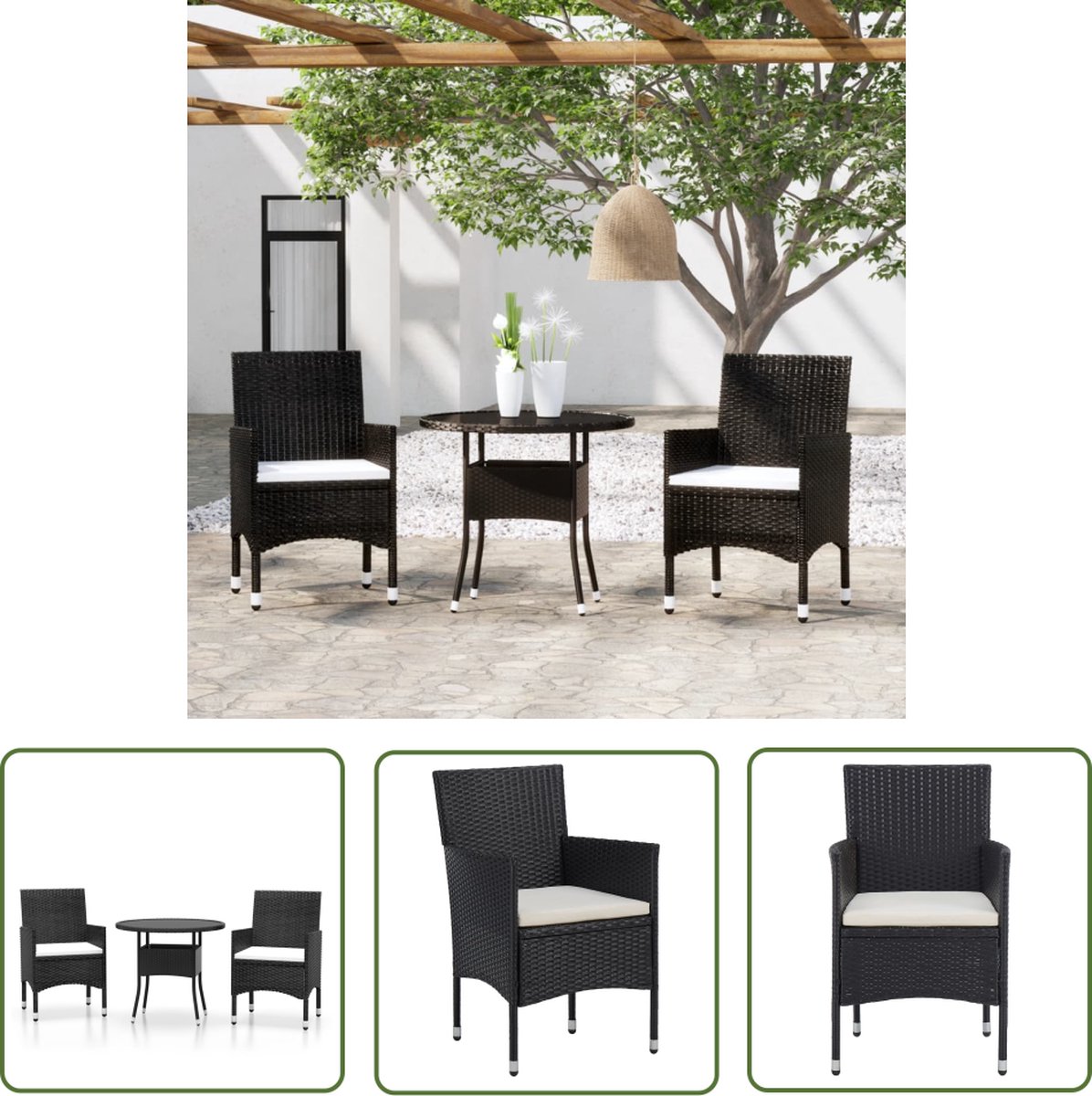 The Living Store 3-delige Tuinset poly rattan zwart - Tuinsets - Polyrattan Tuinset - Zwarte Tuinset - Eetkamerset - Buitentafel