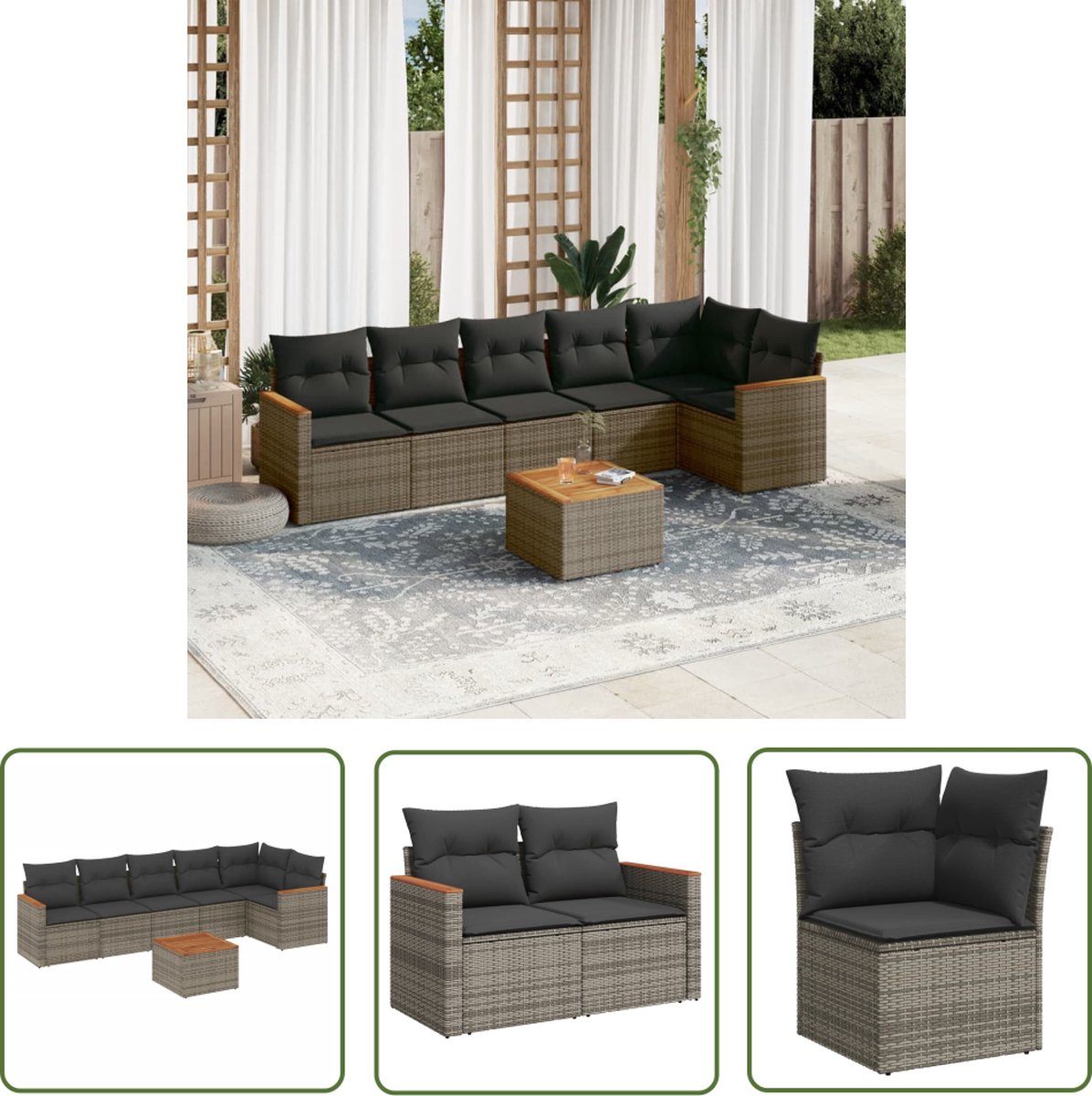 The Living Store 7-delige Loungeset met kussens poly rattan grijs - Loungeset - Tuinmeubels - Lounge Set - Outdoor Furniture - Pe Rattan