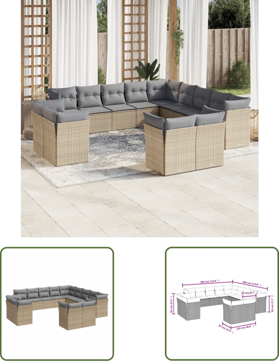 The Living Store 13-delige Loungeset met kussens poly rattan beige - Loungeset - Tuinset - Lounge Bank - Buitendecoratie - Garden Furniture