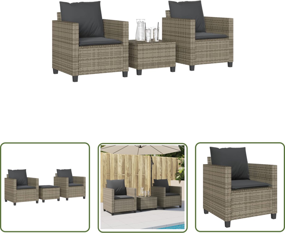 The Living Store 3-delige Bistroset met kussens poly rattan grijs - Tuinsets - Bistroset - Buitendecoratie - Lounge Set - Poly Rattan