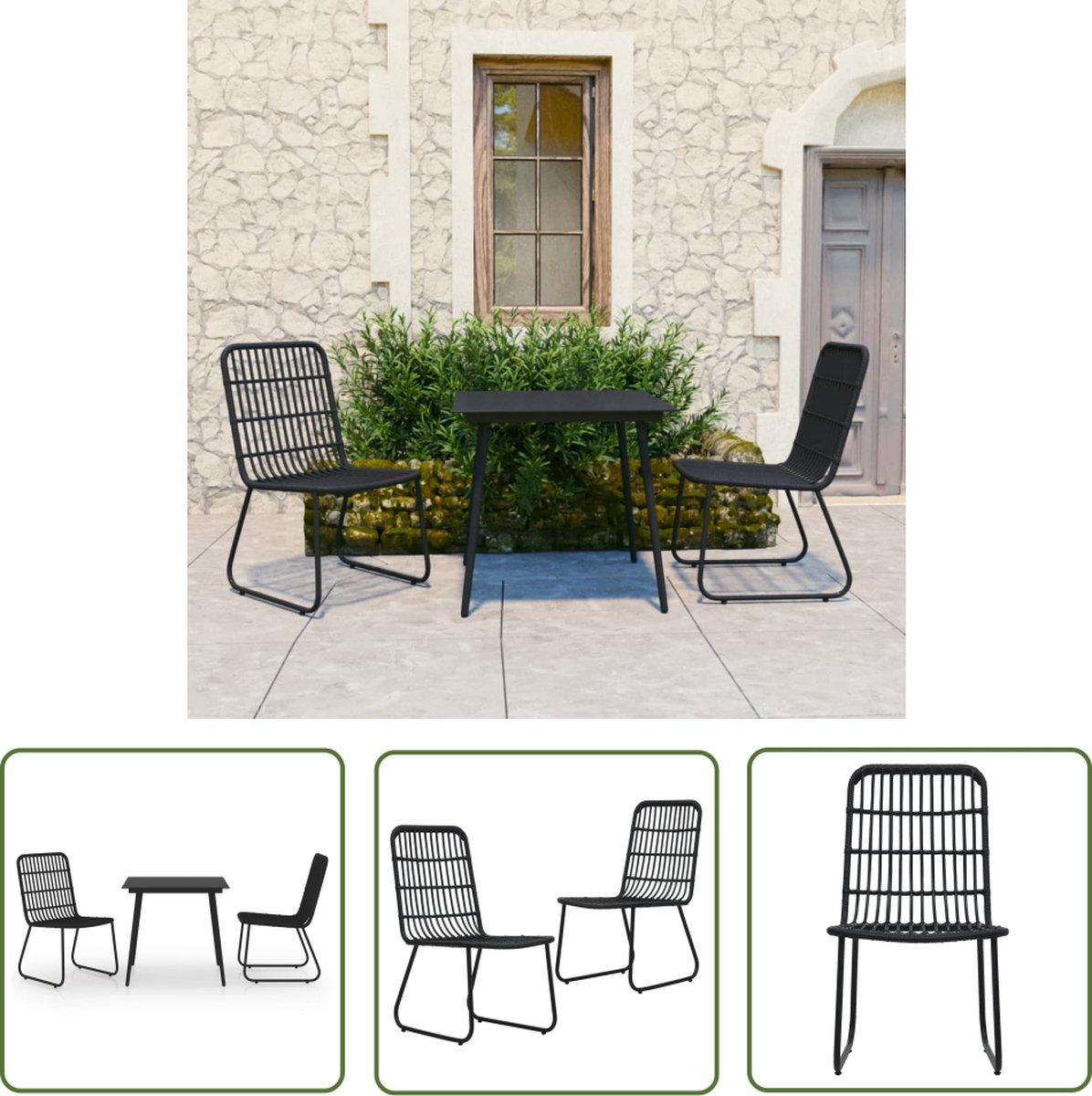The Living Store 3-delige Tuinset poly rattan en glas - Tuinstoel - Tuintafel - Buitenethok - Eetkamerset - Lounge Set