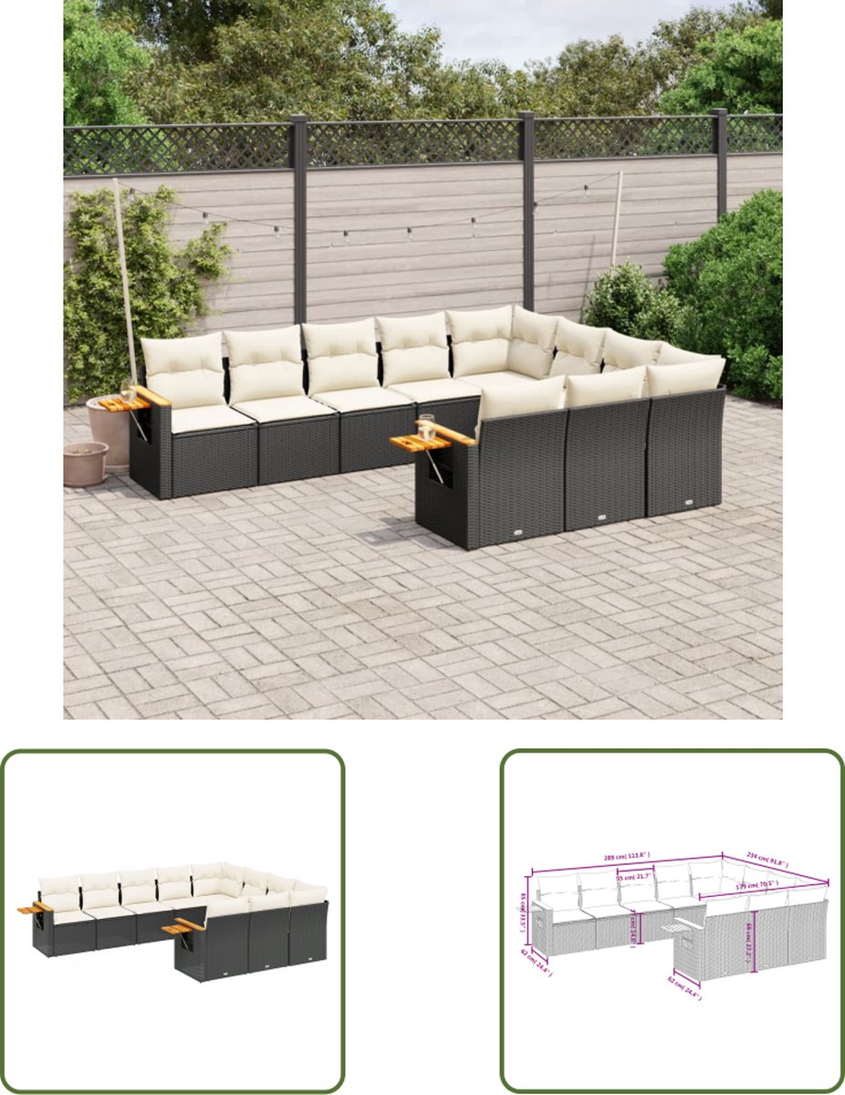 The Living Store 10-delige Loungeset met kussens poly rattan zwart - Loungeset - Tuinset - Rattan Set - Zwarte Lounge - Buitendecoratie