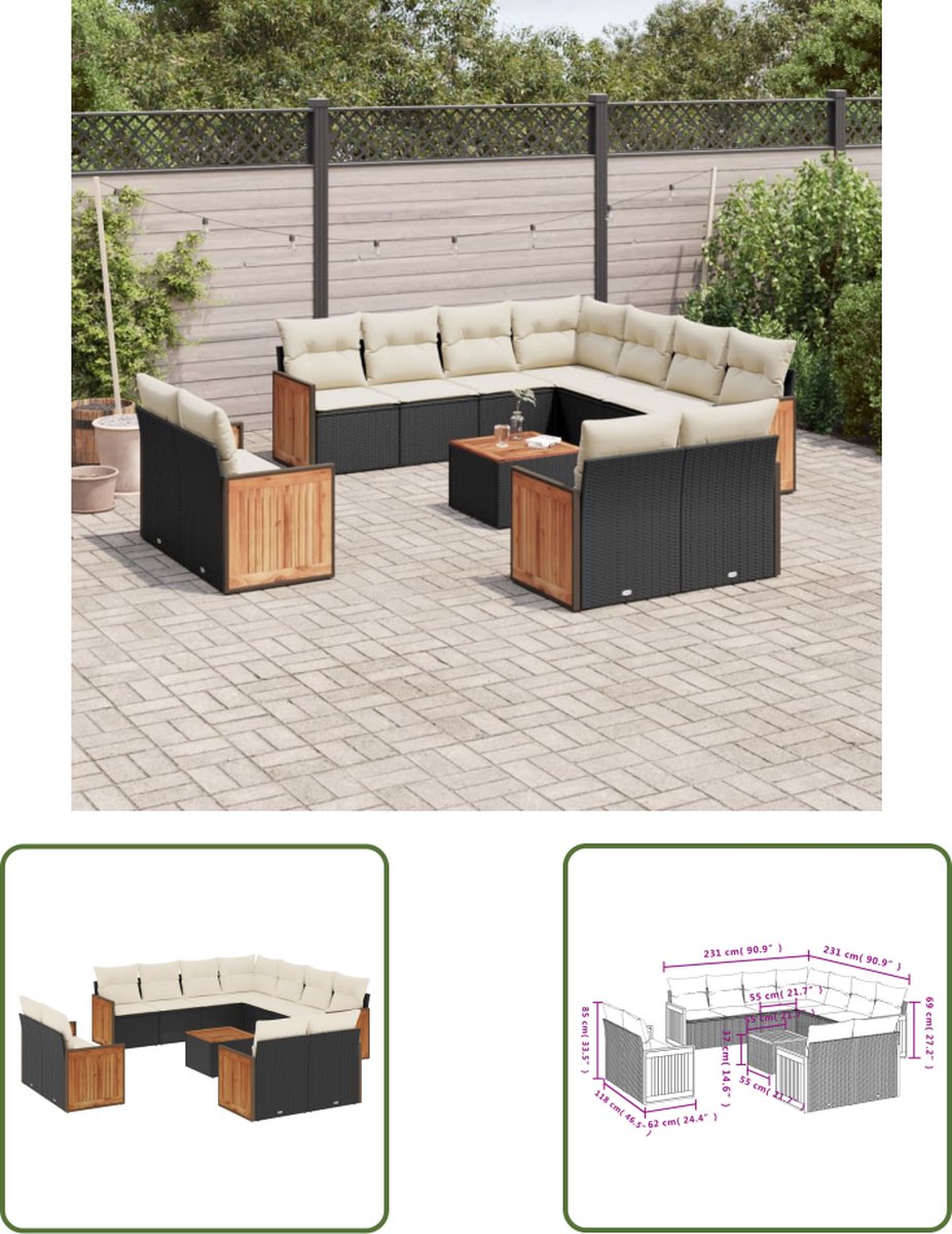 The Living Store 12-delige Loungeset met kussens poly rattan zwart - Loungeset - Lounge Set - Tuinlounge - Buitentijnen - Outdoor Furniture