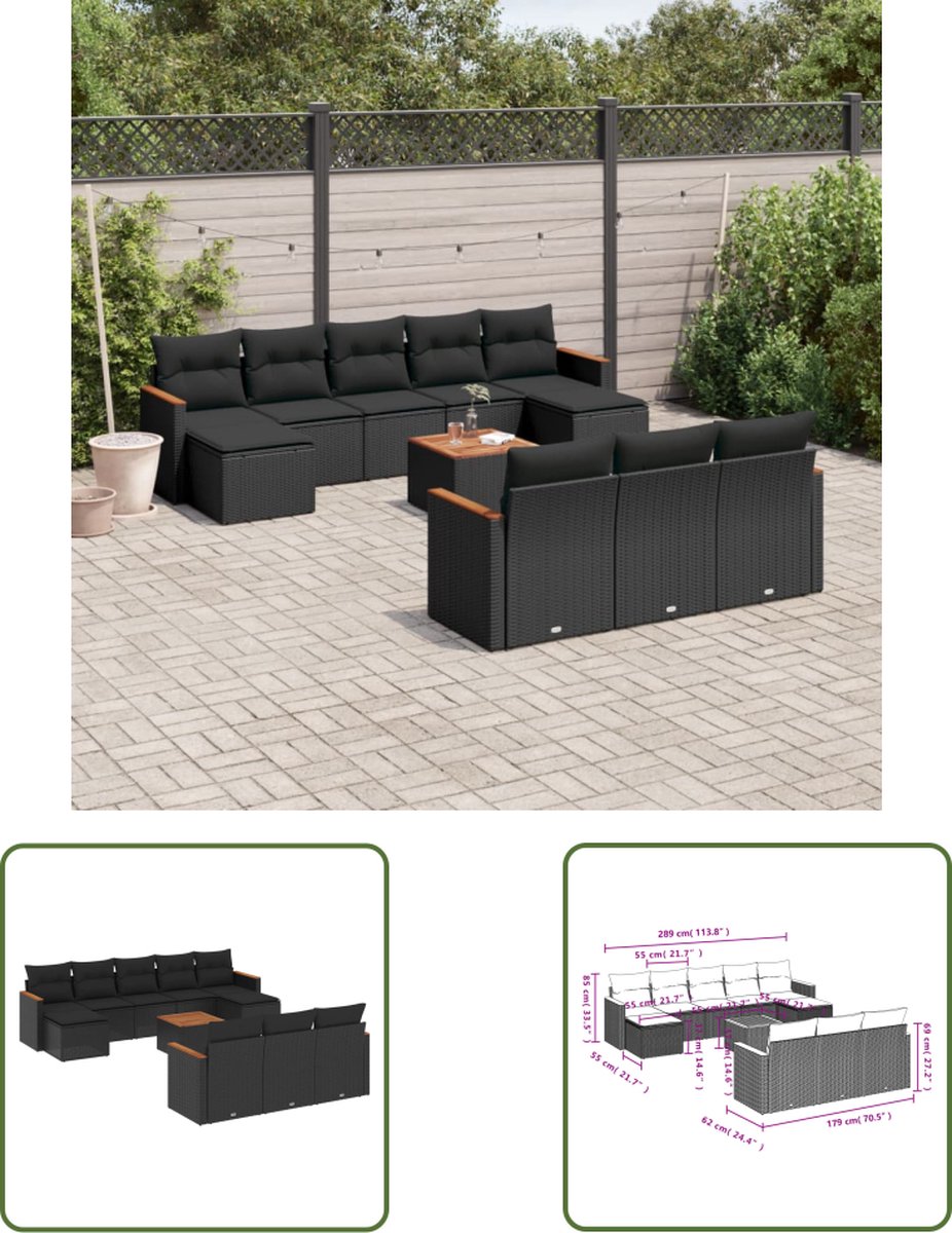 Zwarte poly rattan loungeset met kussens voor buitenmeubilair.