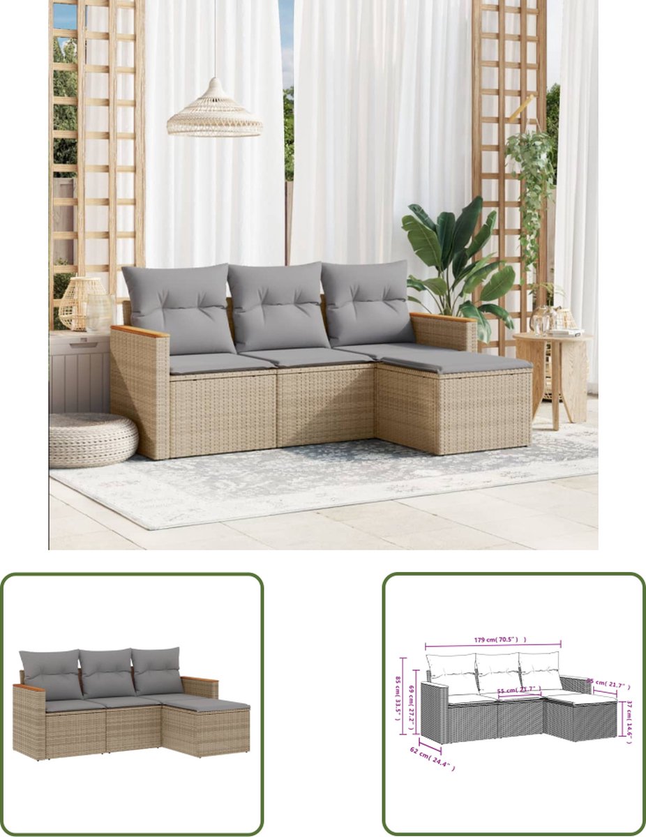 The Living Store 4-delige Loungeset met kussens poly rattan beige - Loungeset - Tuinlounge - Buitendining - Loungehoek - Pe Rattan