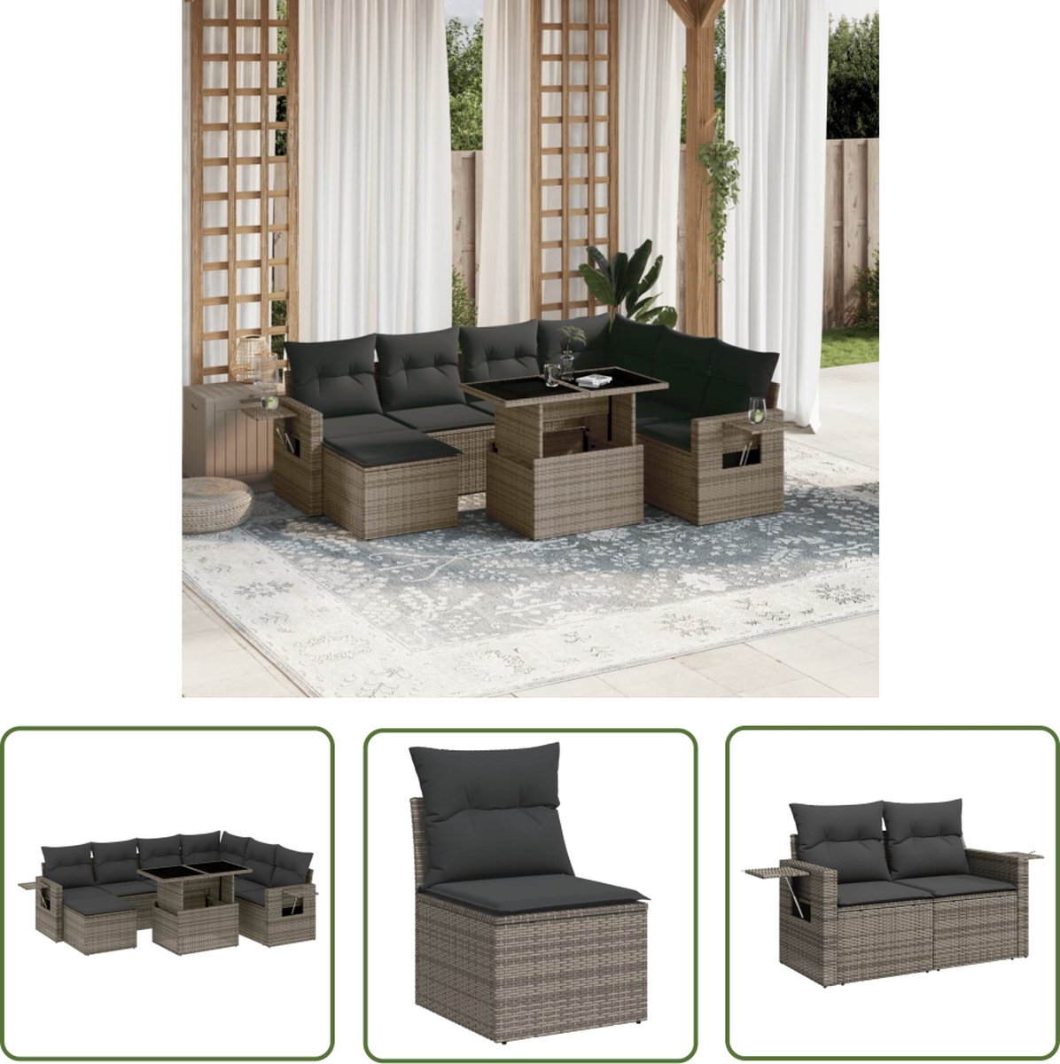 The Living Store 8-delige Loungeset met kussens poly rattan grijs - Loungeset - Tuinmeubelen - Lounge Set - Pe Rattan - Modulair Meubel