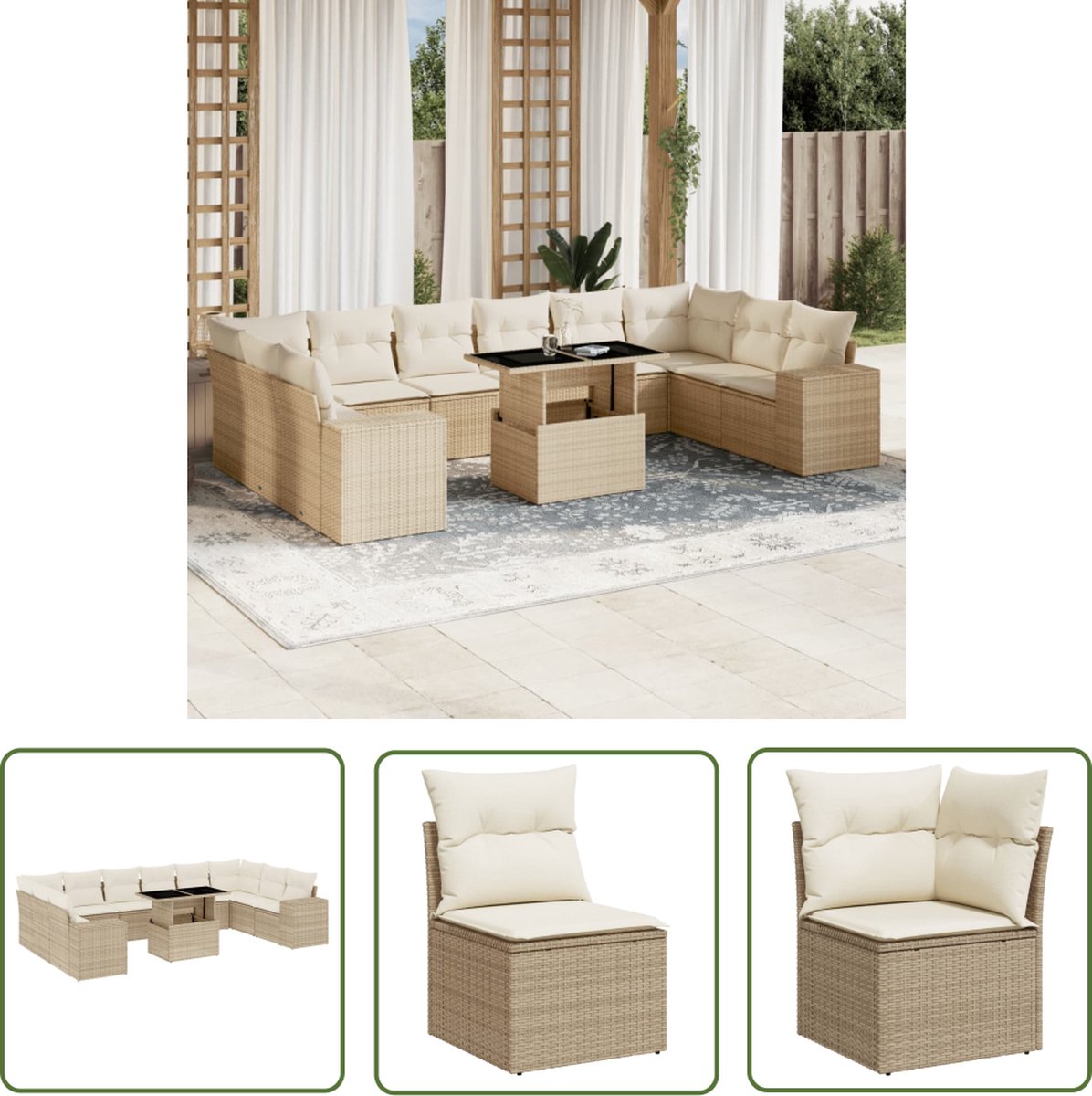 11-delige poly rattan beige tuinset met kussens en loungebank.