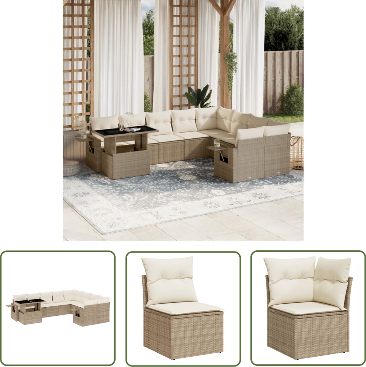 The Living Store 10-delige Loungeset met kussens poly rattan beige - Loungebank - Lounge Set - Buitendiner - Tuinstoel - Tuinlounge