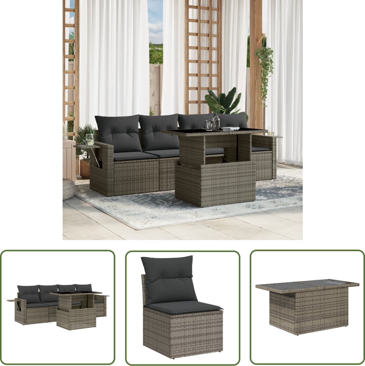 The Living Store 5-delige Loungeset met kussens poly rattan grijs - Loungeset - Tuinmeubelen - Lounge Set - PE-rattan - Outdoor Furniture