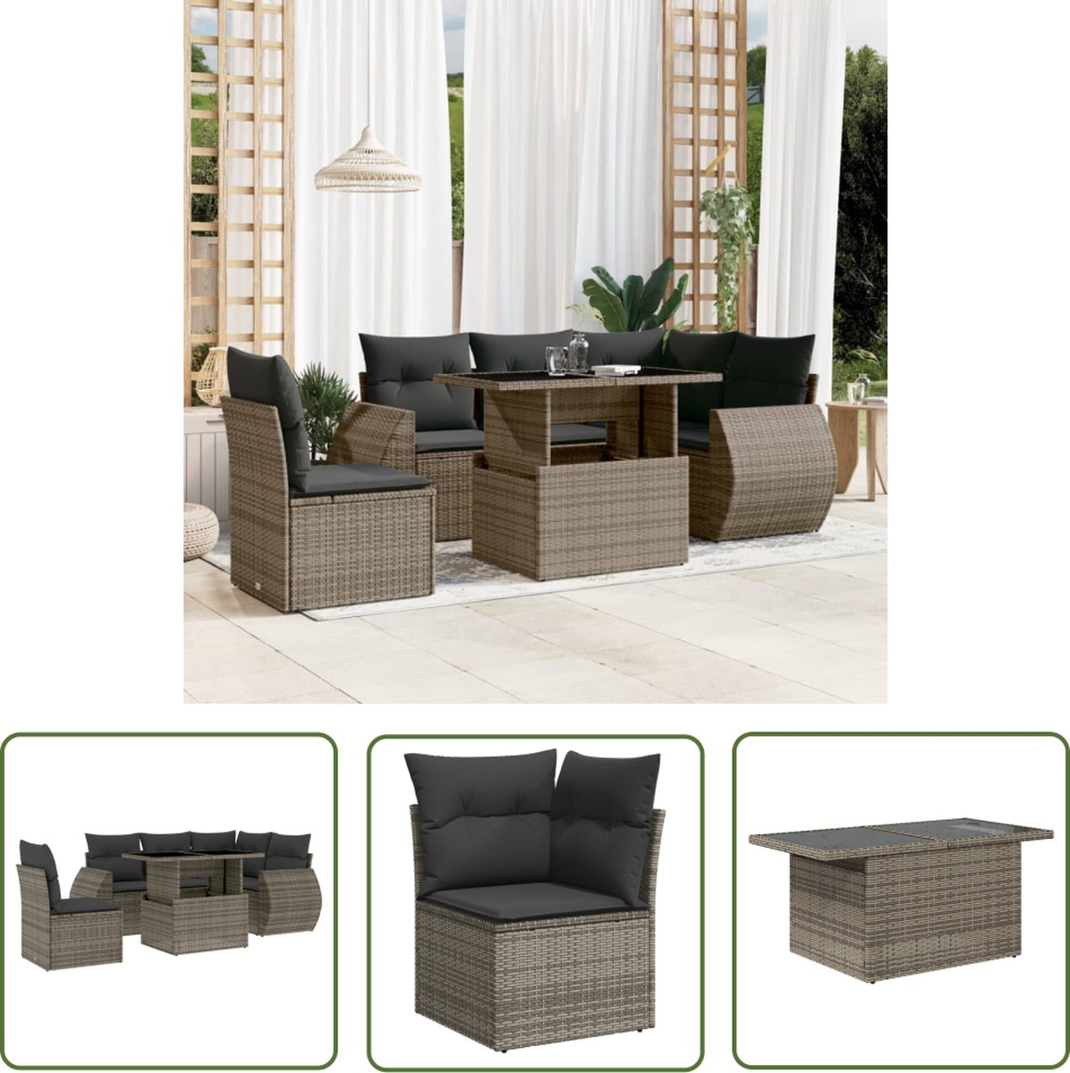 Loungeset met grijze poly rattan kussens voor buiten - The Living Store.