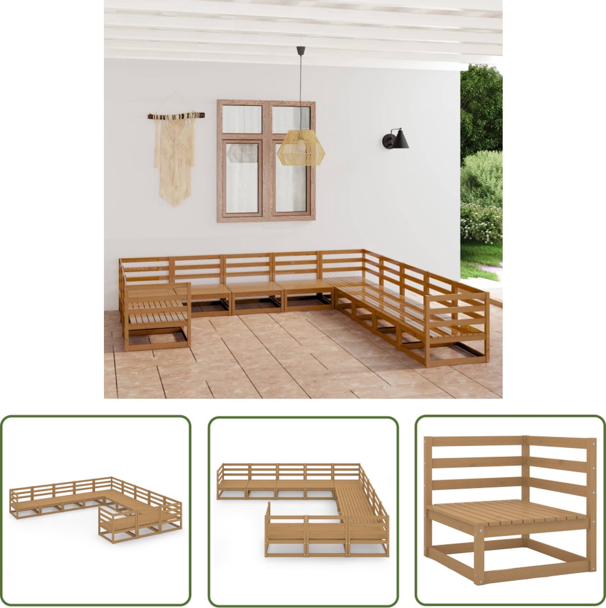 The Living Store 11-delige Loungeset massief grenenhout - Loungeset - Tuinmeubel - Houten Lounge - Buitentijd - Relaxen