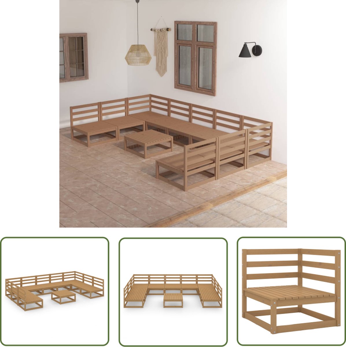 The Living Store 10-delige Loungeset massief grenenhout - Loungeset - Tuinmeubel - Houten Lounge - Buitensetu - Terrasstoel