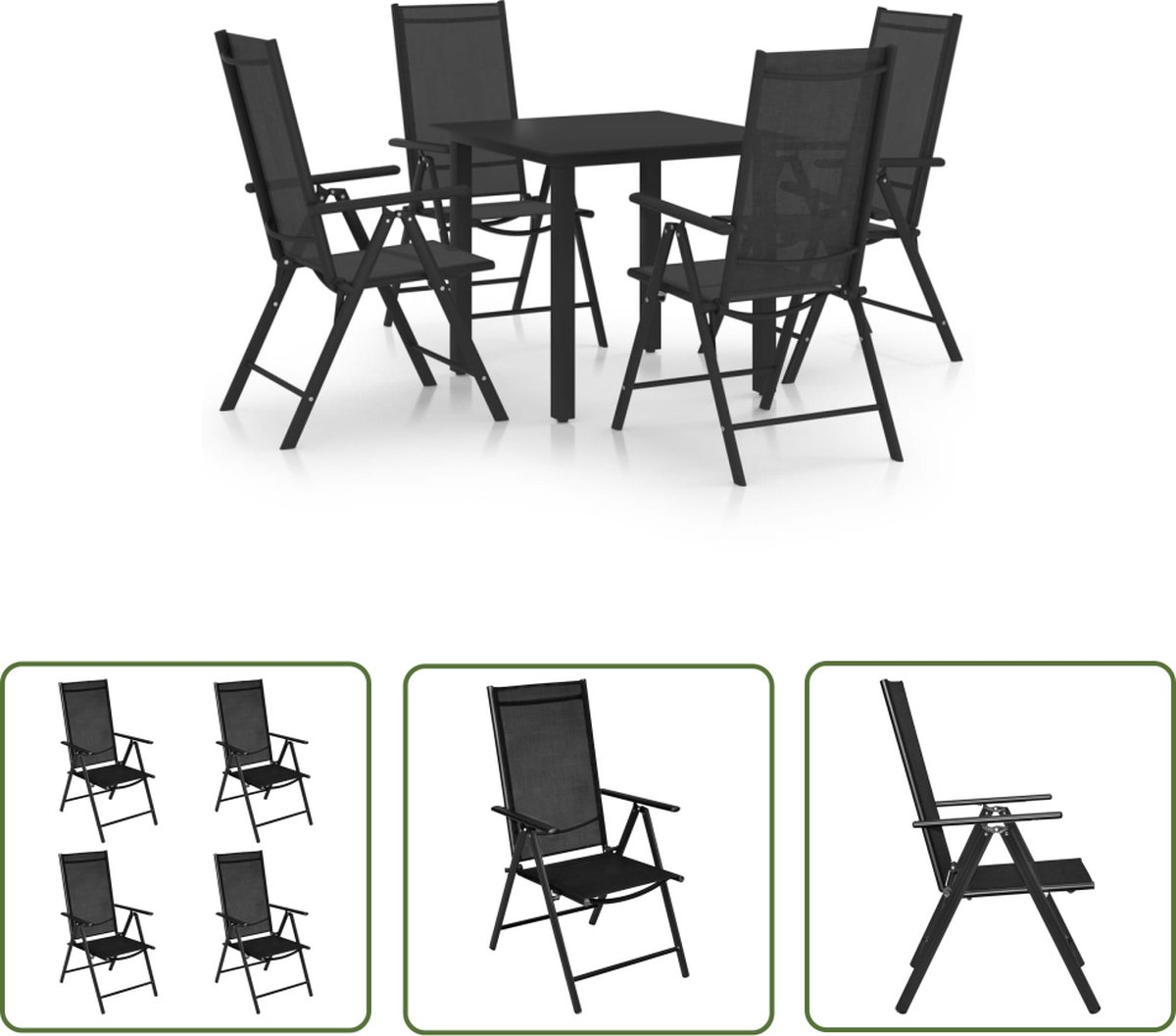 The Living Store 5-delige Tuinset aluminium zwart - Tuinstoel - Tuinset - Lounge Set - Buitentijd - Terrassenset