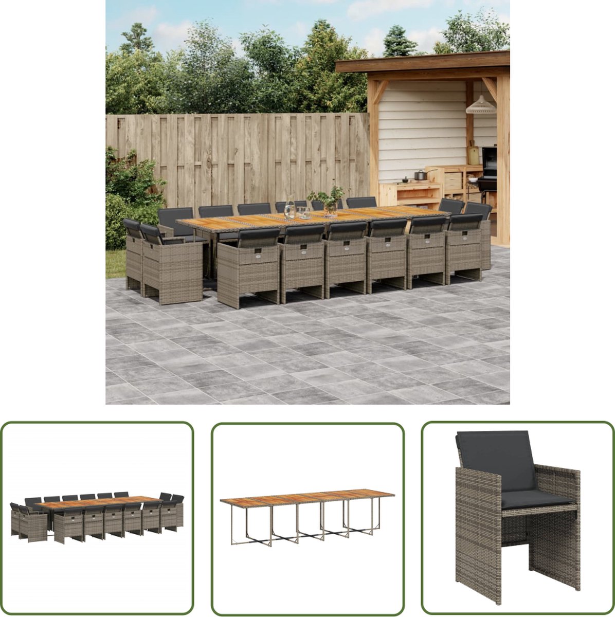 The Living Store 17-delige Tuinset met kussens poly rattan grijs - Tuinset - Buitendecoratie - Lounge Set - Eetkamerset - Patio Furniture