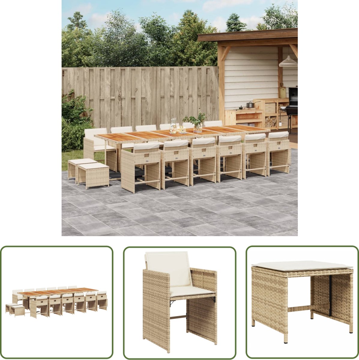 The Living Store 17-delige Tuinset met kussens poly rattan beige - Tuinmeubels - Lounge Set - Buitendecoratie - Eetkamerset - Patio Furniture