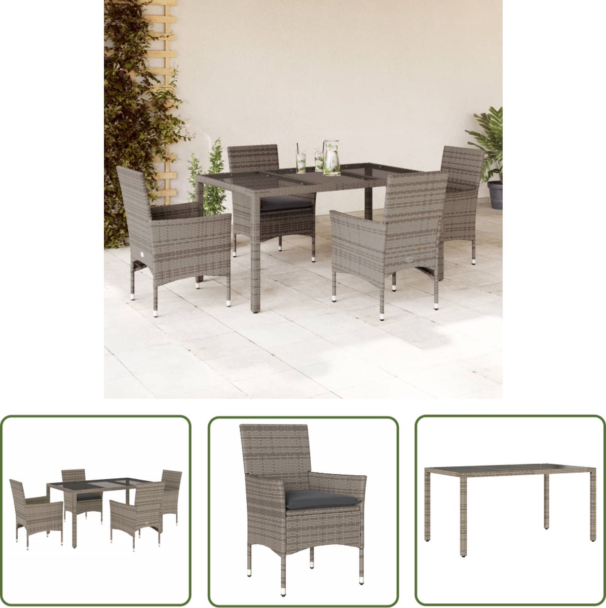 The Living Store 5-delige Tuinset met kussens poly rattan en glas grijs - Tuinmeubels - Lounge Set - Buitenshuis Genieten - Eetkamerset - Patio Set