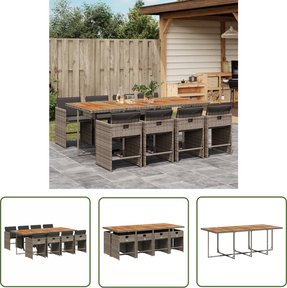 The Living Store 9-delige Tuinset met kussens poly rattan grijs - Tuinmeubelen - Buitenkamer - Lounge Set - Eetgroep - Teras Meubel