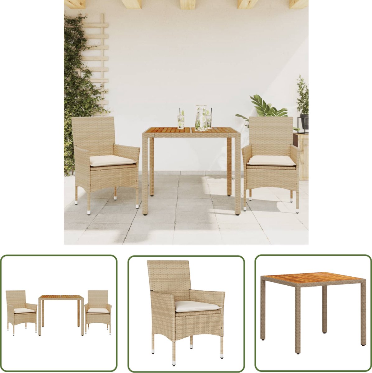 Tuinset met beige poly rattan en acaciahouten kussens - The Living Store.
