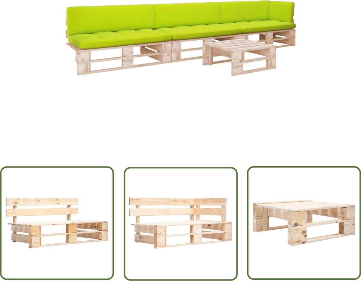 The Living Store 4-delige Loungeset pallet met kussens geïmpregneerd grenenhout - Loungeset - Pallets - Tuinmeubels - Hout - Groen