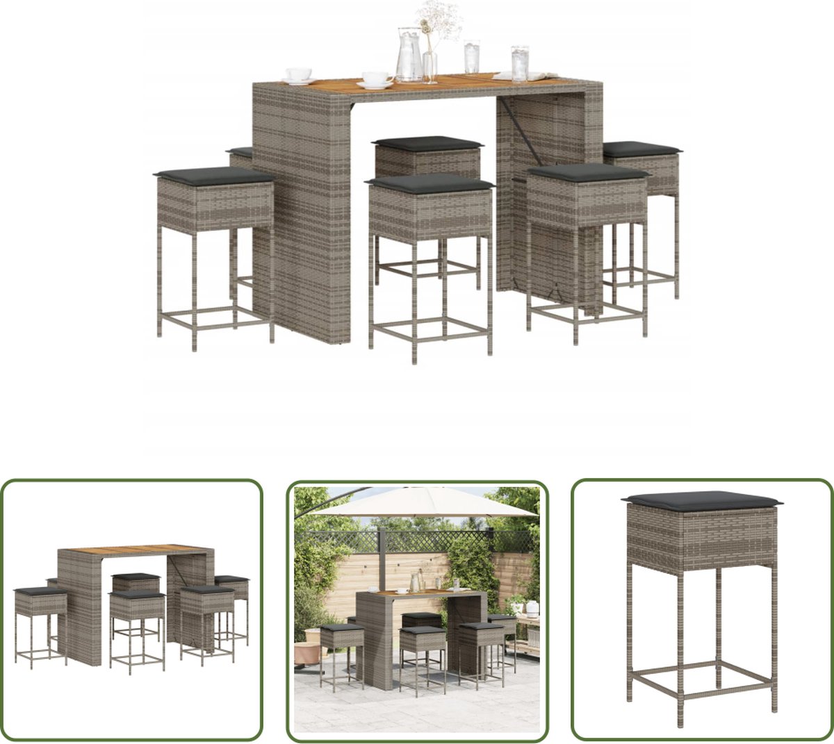Tuinbarset van poly rattan in grijs met kussens.