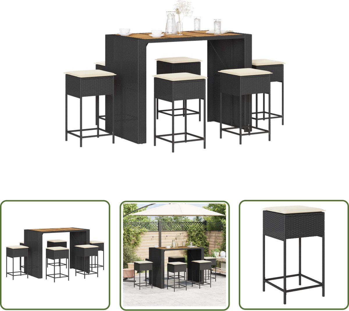 The Living Store 7-delige Tuinbarset met kussens poly rattan zwart - Tuinbarset - Lounge Set - Buitendecoratie - Outdoor Furniture - Bistro Set