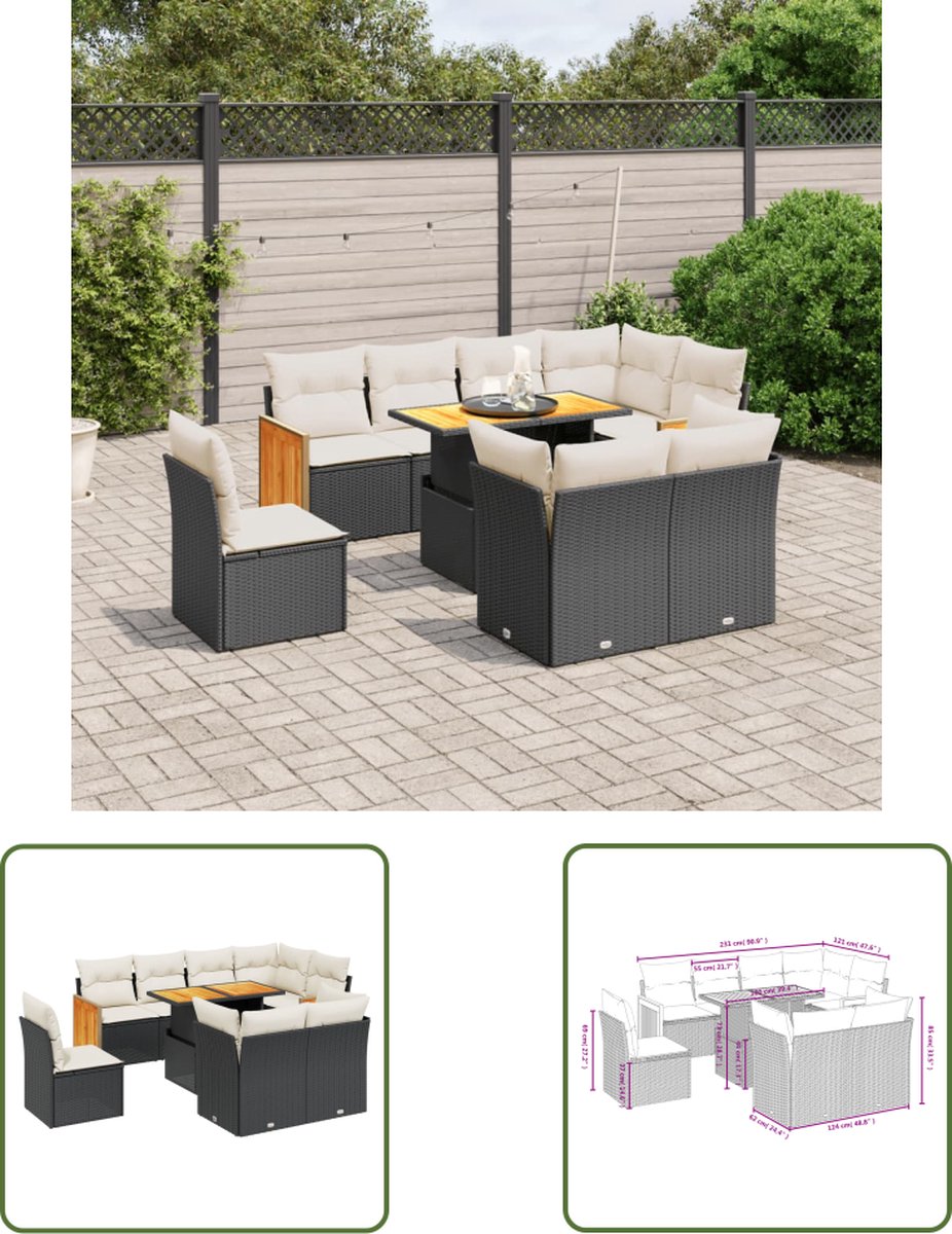 The Living Store 9-delige Loungeset met kussens poly rattan zwart - Loungebank - Lounge Set - Buitendecoratie - Tuinmeubels - Loungegroep