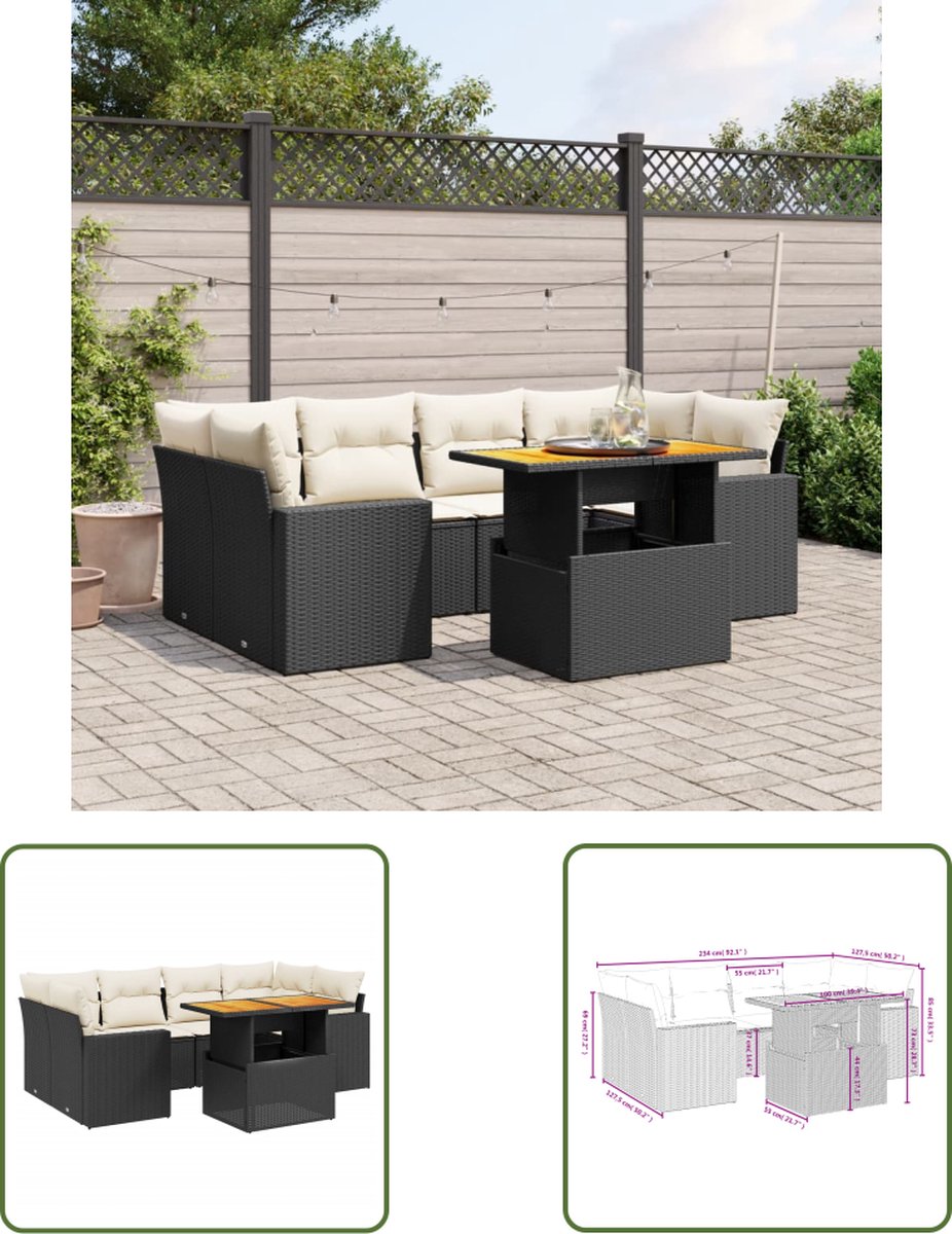 Zwarte poly rattan loungeset met kussens voor buiten - Tuinmeubilair.