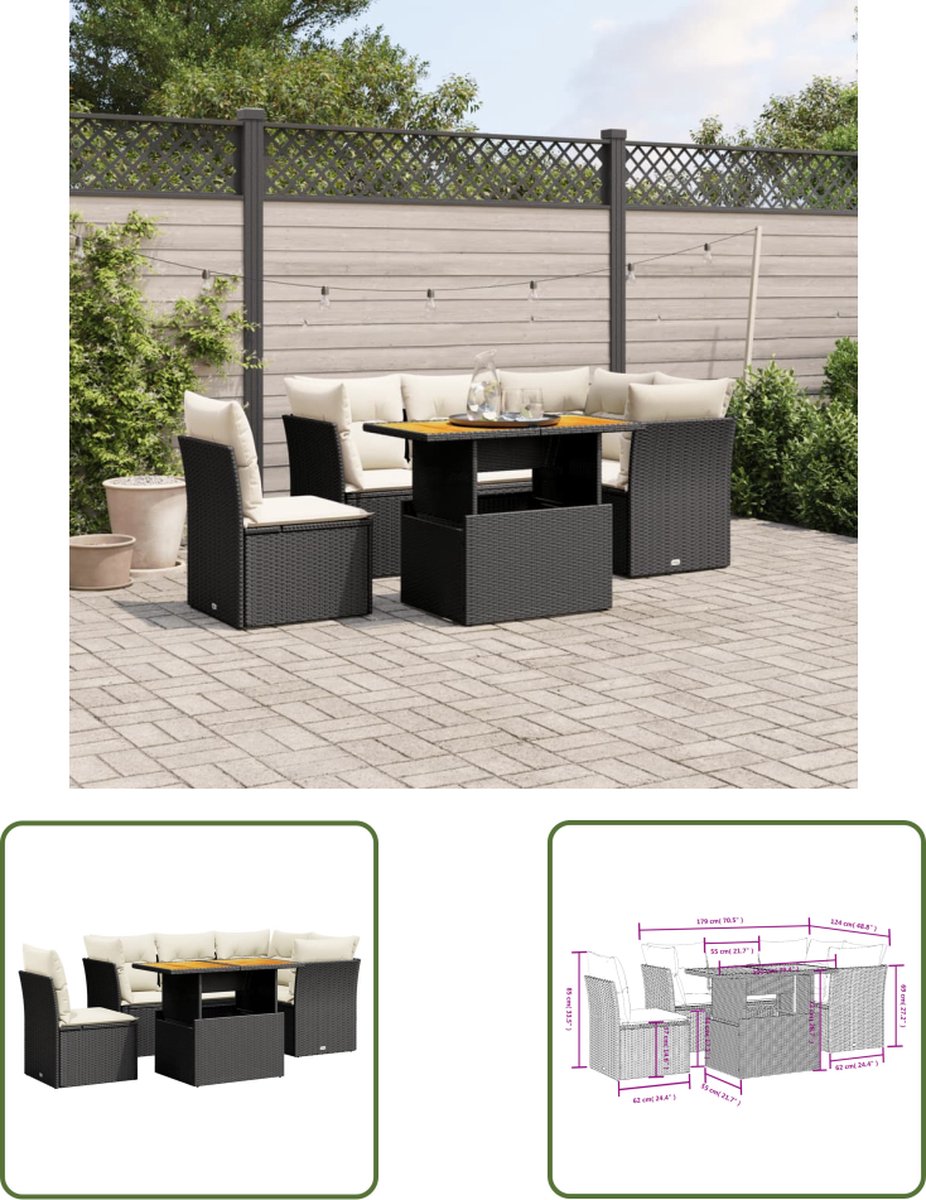 Stijlvolle zwarte poly rattan loungeset met kussens voor tuin en terras.