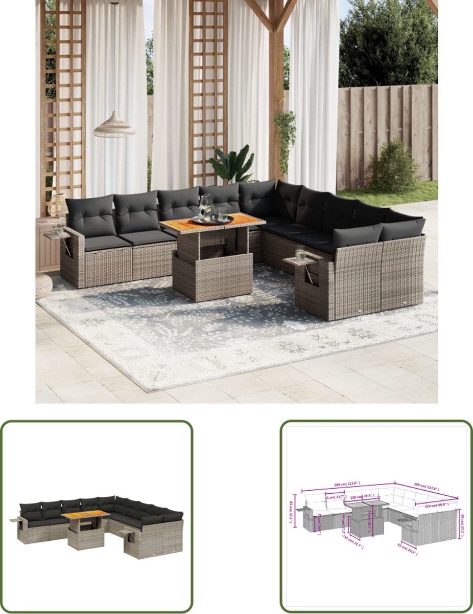 The Living Store 11-delige Loungeset met kussens poly rattan grijs - Loungeset - Tuinset - Lounge Set - Buitendecoratie - Tuinmeubels