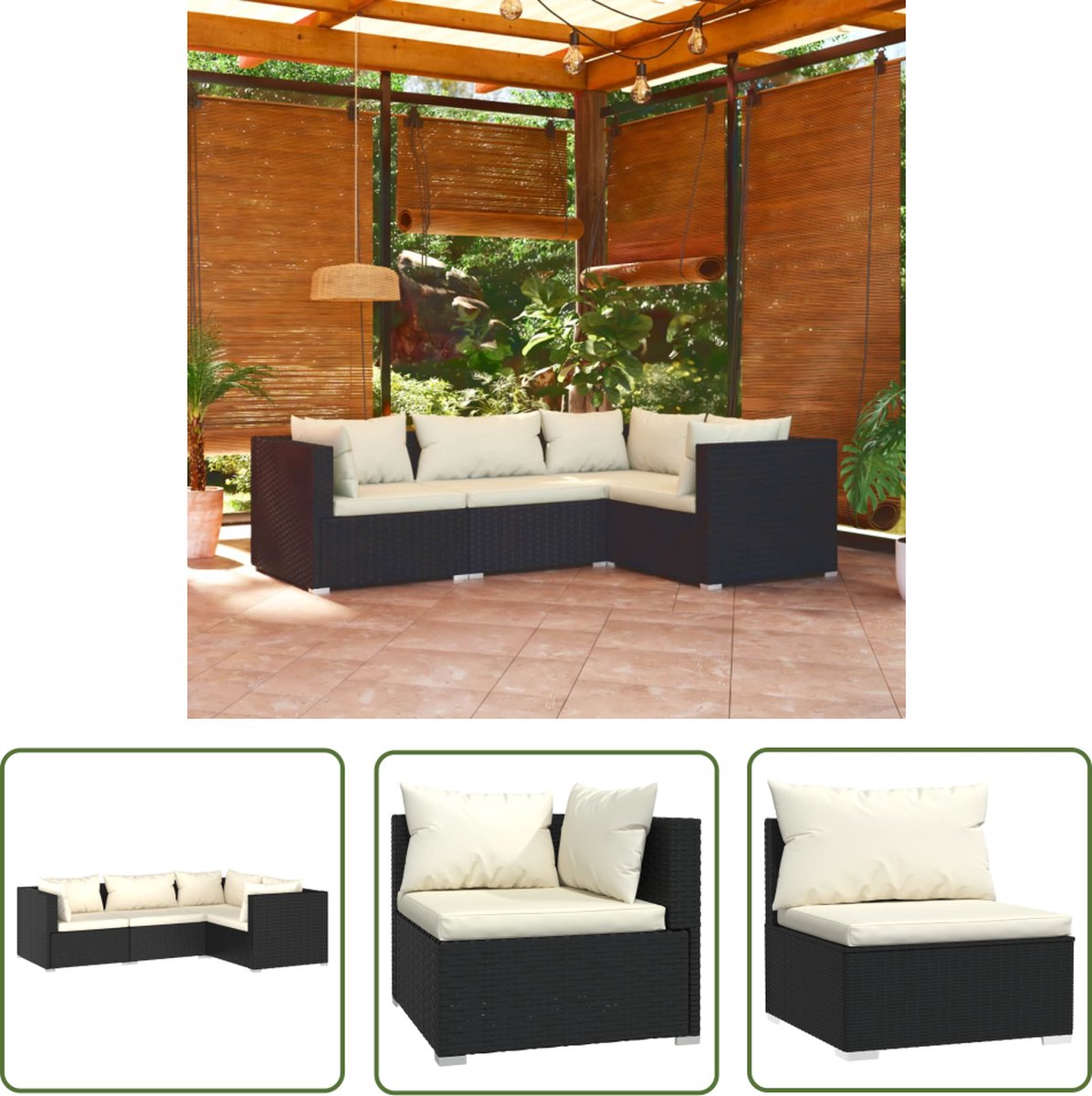 Zwarte poly rattan loungeset met kussens voor buiten - Tuinmeubilair.