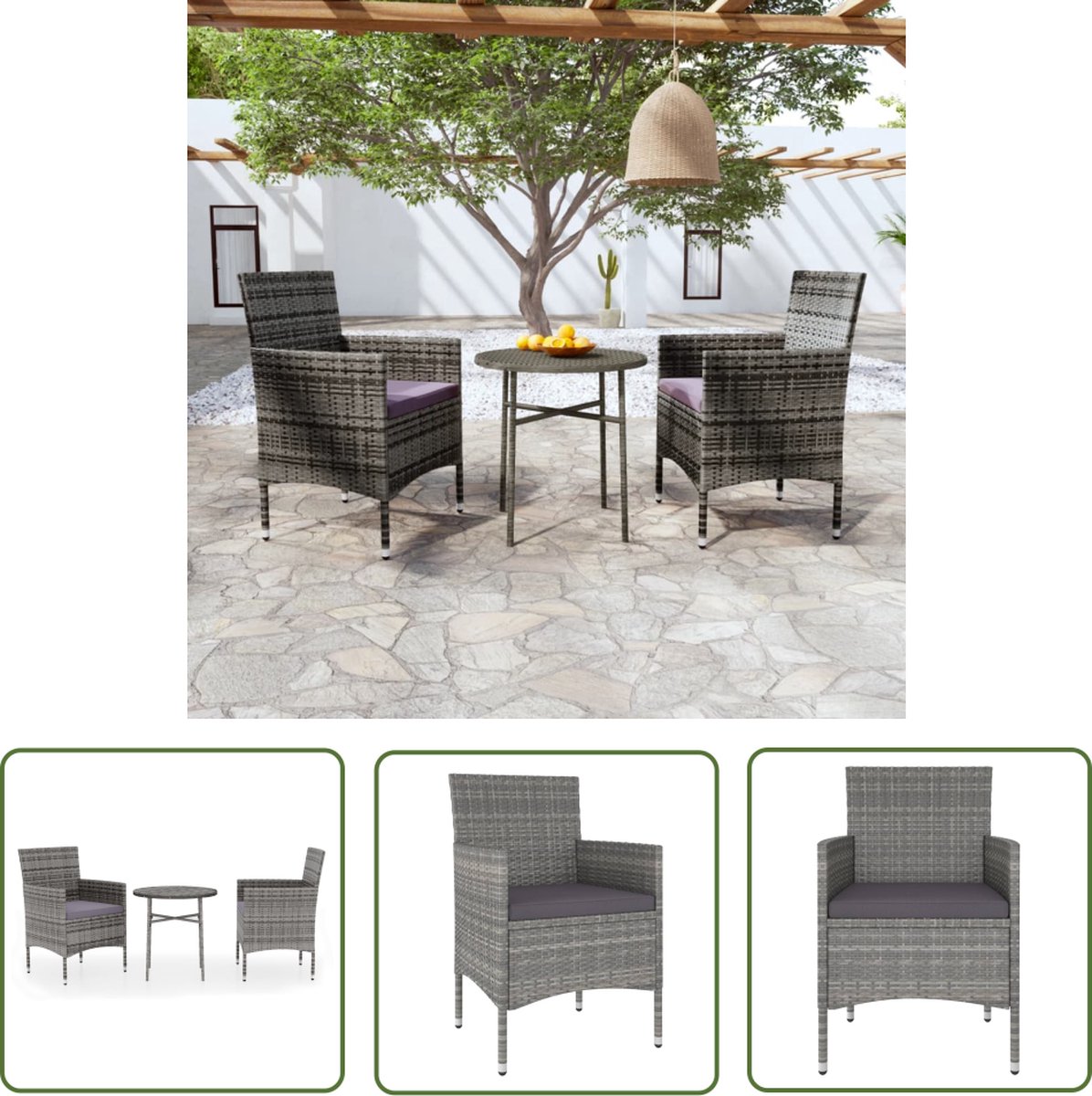 The Living Store 3-delige Tuinset poly rattan grijs - Tuinset - Poly Rattan - Buitendecor - Eetkamerstoel - Lounge Set