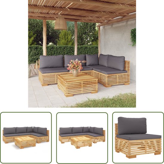 The Living Store Lounge set Jardin - Bois - 5 pièces - kussen gris foncé - Dimensions - 69,5 x 69,5 x 60 cm - Incl - coussins - The Living Store