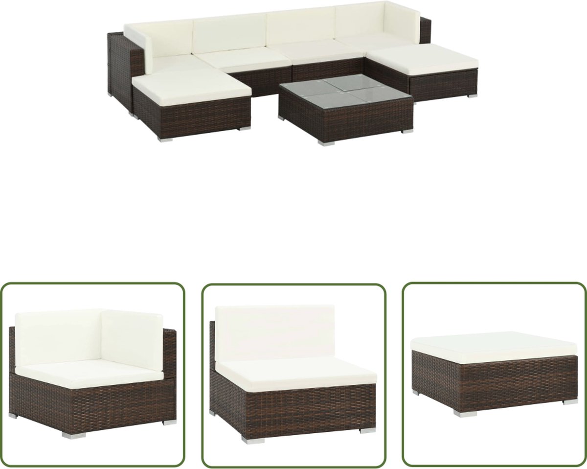 The Living Store 7-delige Loungeset met kussens poly rattan bruin - Loungeset - Tuinset - Buitenspeeltuin - Loungehoekbank - Patio Meubels