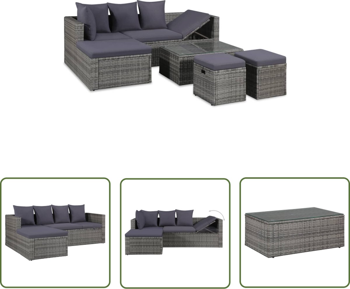 Grijze poly rattan loungeset met kussens, hoeksofa voor tuinmeubels.