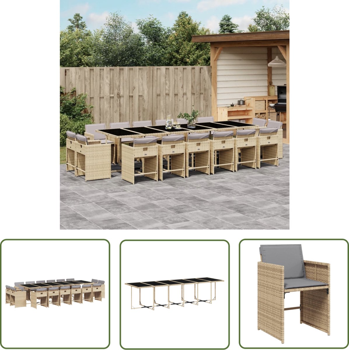 17-delige poly rattan tuinset in gemengd beige met kussens.