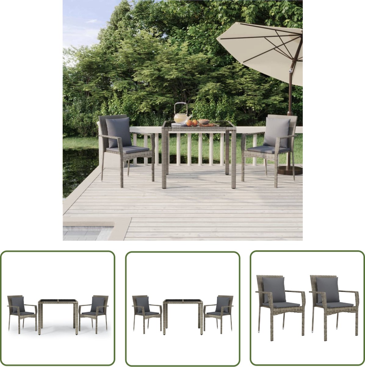 The Living Store 3-delige Tuinset met kussens poly rattan grijs - Tuinset - Tuinset 2 Personen - Buitenkamer - Eetkamerset - Terrasset