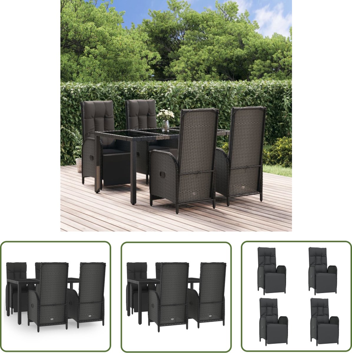 The Living Store 5-delige Tuinset met kussens poly rattan zwart - Tuinset - Lounge Set - Buitenkamer - Eetkamer - Patio Set