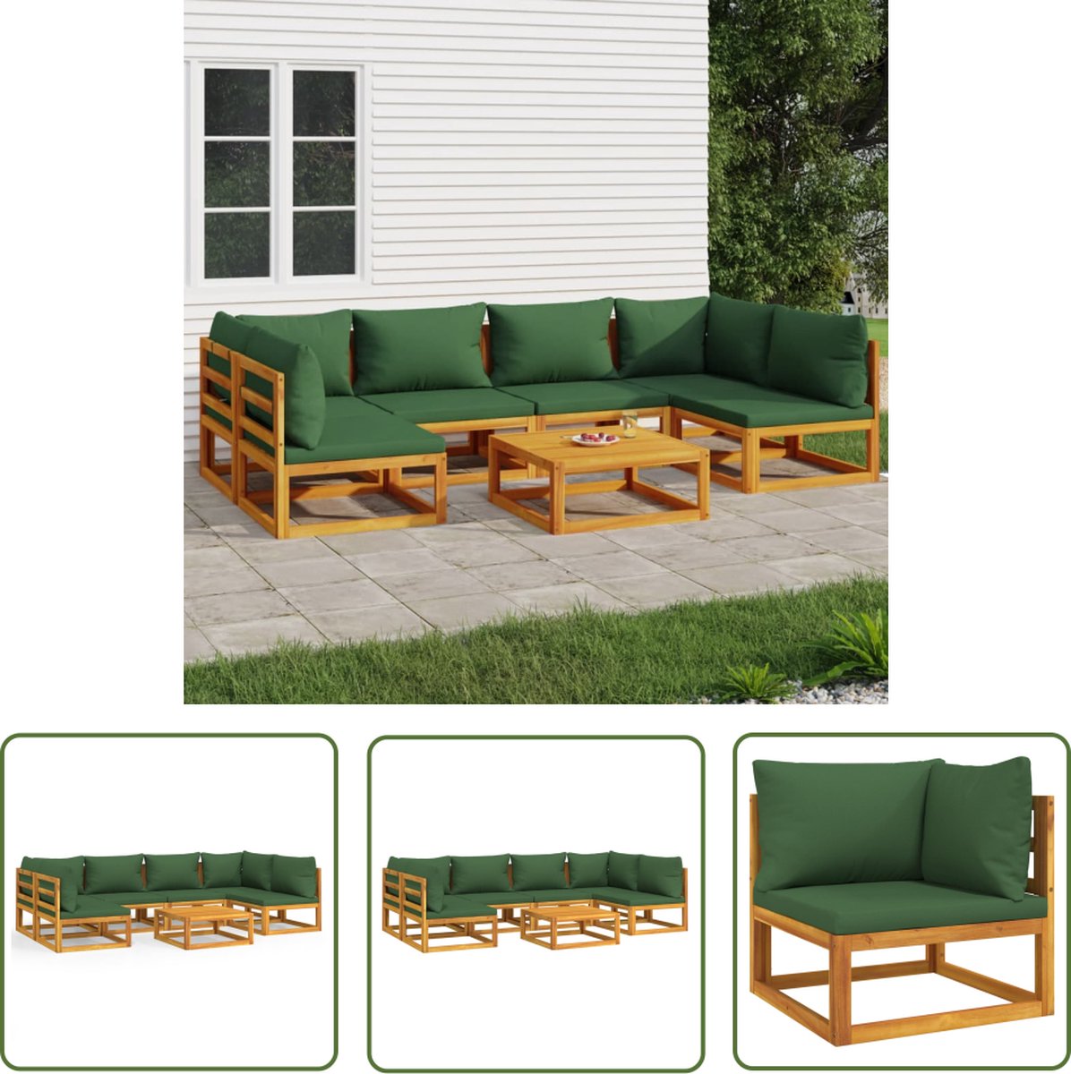 The Living Store 7-delige Loungeset met groene kussens massief hout - Tuinstoel - Tuinset - Acacia Hout - Lounge Set - Buitendecor
