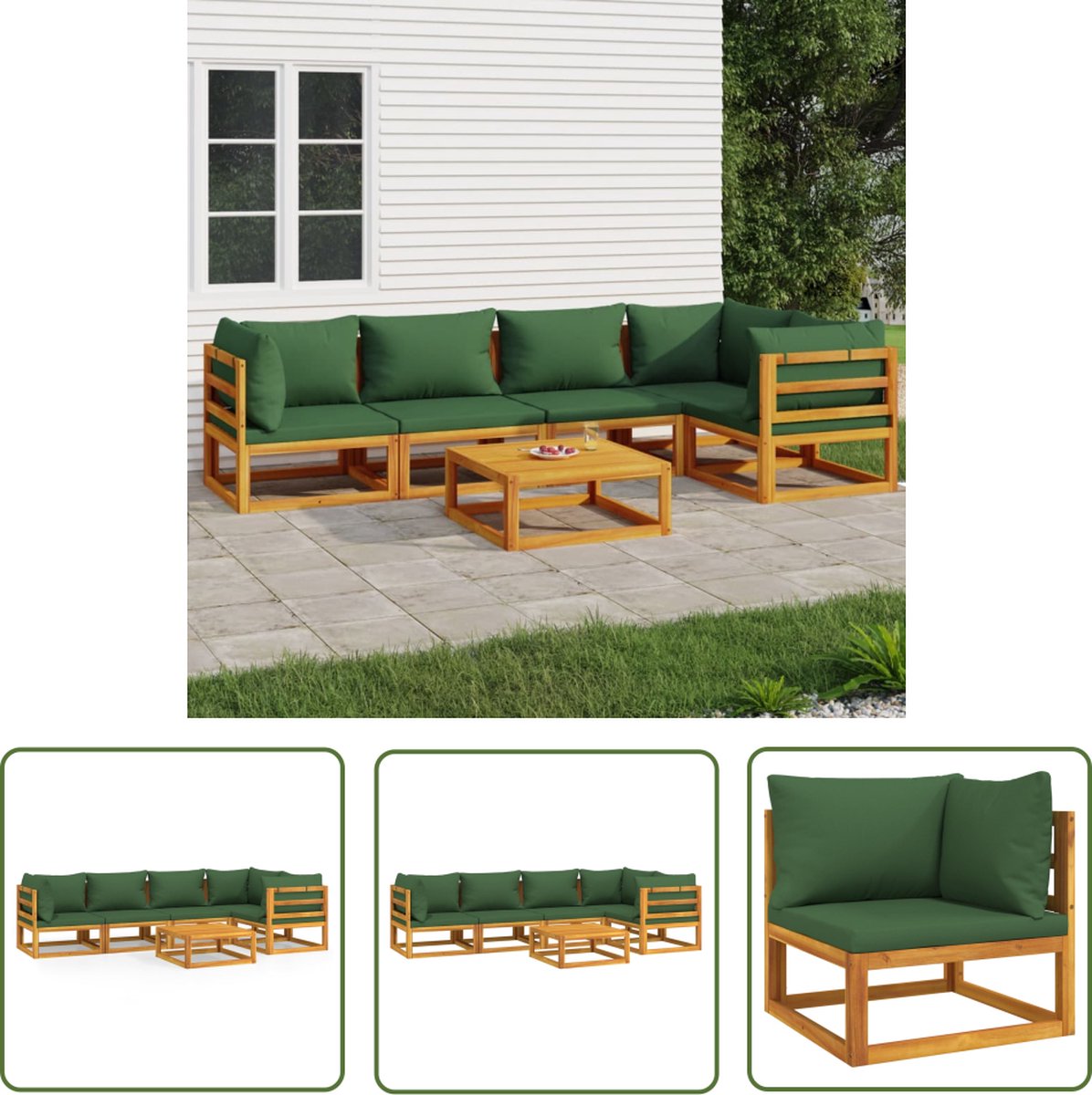 The Living Store 6-delige Loungeset met groene kussens massief hout - Tuinsets - Lounge Sets - Acacia Hout - Buitendecoratie - Hoekbank