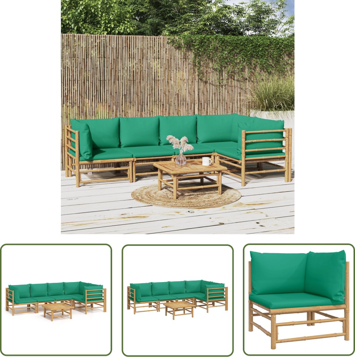 Bamboe loungeset met groene kussens voor tuin - The Living Store.