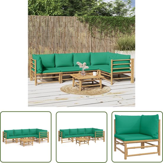 The Living Store 6-delige Loungeset met kussens bamboe groen - Bamboelounge - Lounge Set - Tuinlounge - Buisensets - Outdoor Furniture