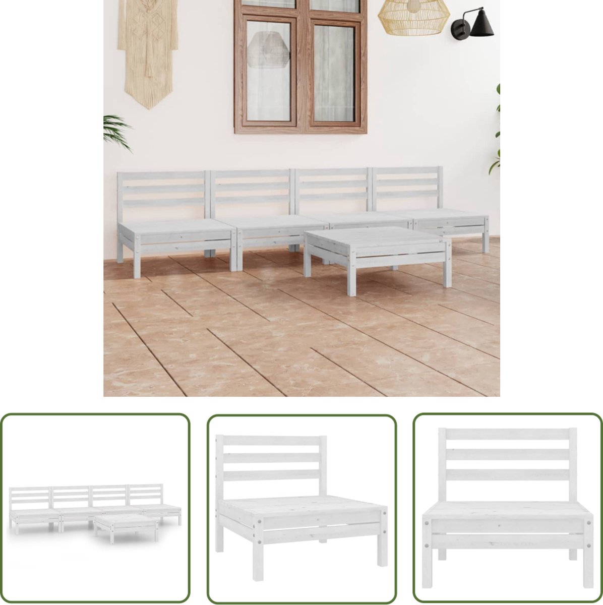 Massief grenenhouten loungeset in witte kleur voor buiten - The Living Store.